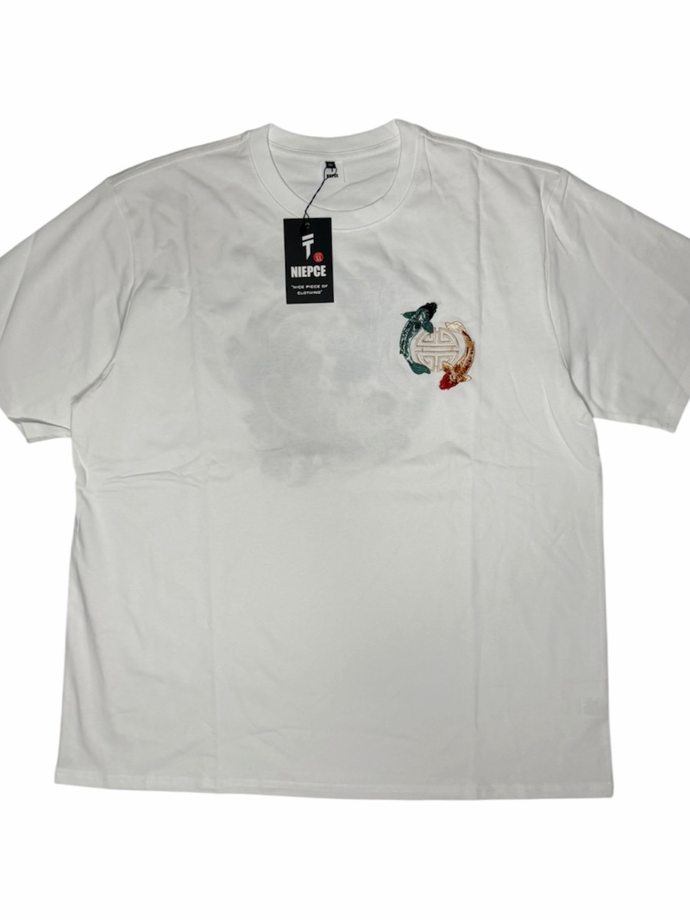 White Short-Sleeve Koi Fish Japanese Embroidered Crew Tee